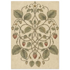 Intertwining strawberry vines with green leaves, pale flowers and muted red berries on a mottled cream background.