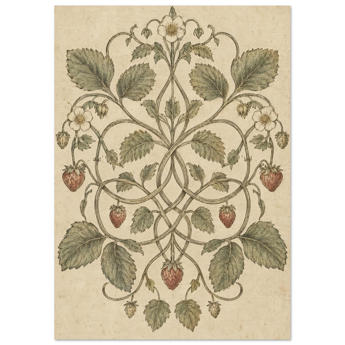 Intertwining strawberry vines with green leaves, pale flowers and muted red berries on a mottled cream background.
