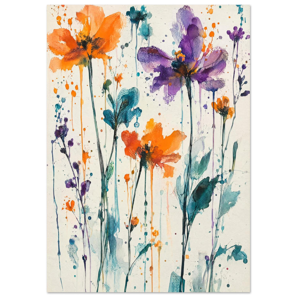 Orange and purple watercolour flowers on tall stems with teal leaves, paint splashes and drips against cream.