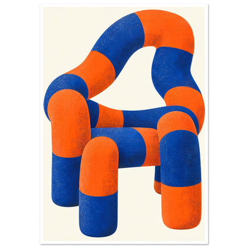 Sculptural chair made of rounded blue and orange sections with mottled texture against a cream background.