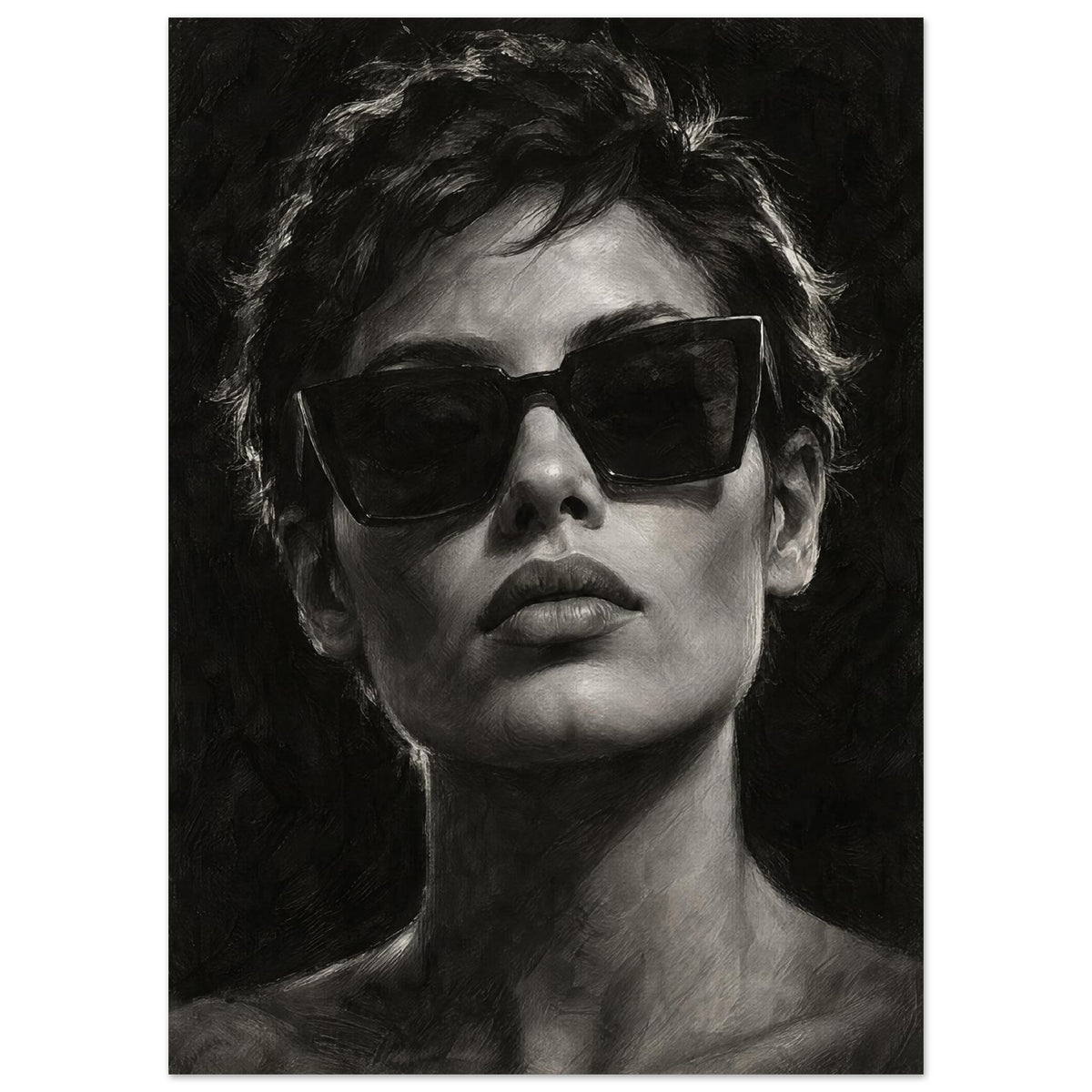 Behind the Sunglasses, a tightly cropped frontal face wearing large geometric sunglasses, with rim-lit short hair against bla