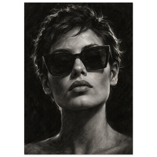 Behind the Sunglasses, a tightly cropped frontal face wearing large geometric sunglasses, with rim-lit short hair against bla