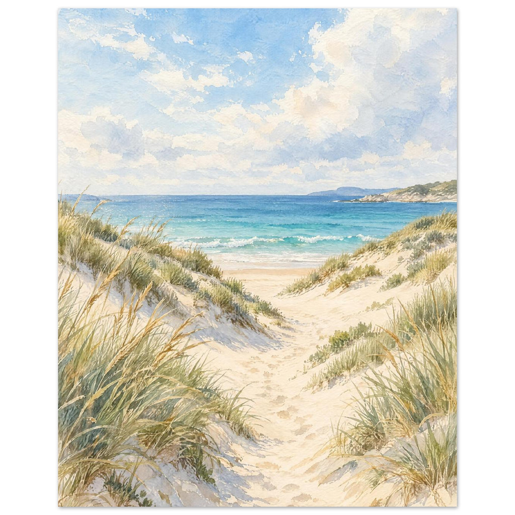 Sand dunes with grasses and footprints leading to turquoise waves beneath a blue sky with soft white clouds.