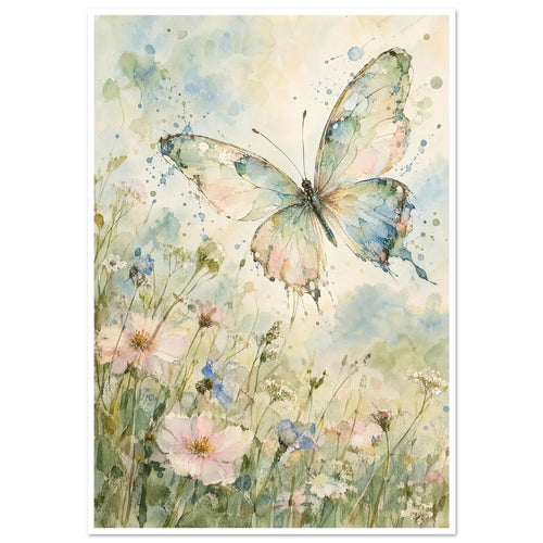Pastel butterfly with spread wings above pink, blue and white wildflowers in soft green and blue watercolour washes.