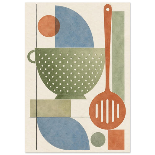 Green colander and terracotta slotted spoon with blue curves, geometric blocks and thin black lines on a cream background.