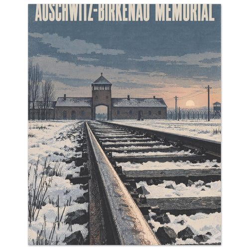 Snow-covered railway tracks lead to the Auschwitz-Birkenau gatehouse beneath memorial lettering and a blue-grey sky.