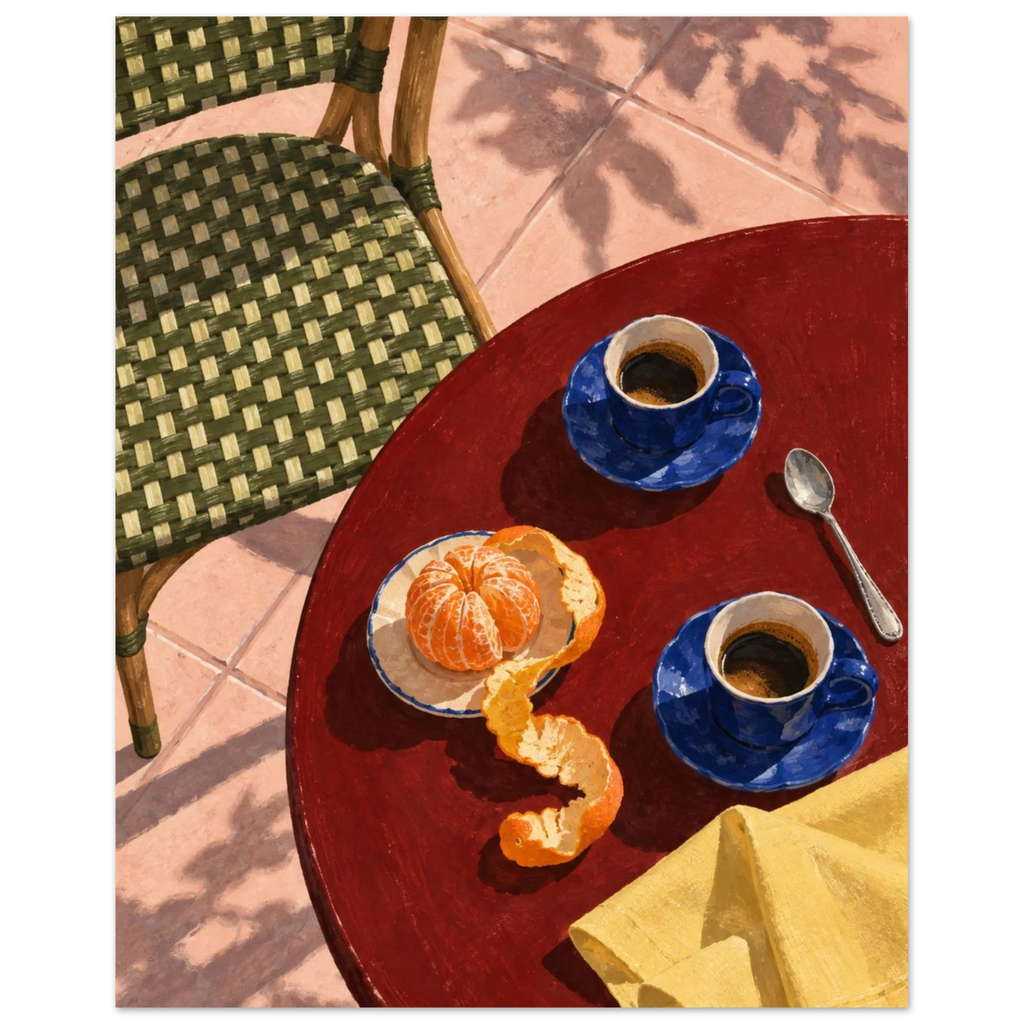 Two blue coffee cups, a peeled orange, spoon and yellow cloth on a red table beside a green woven chair and pink tiles.