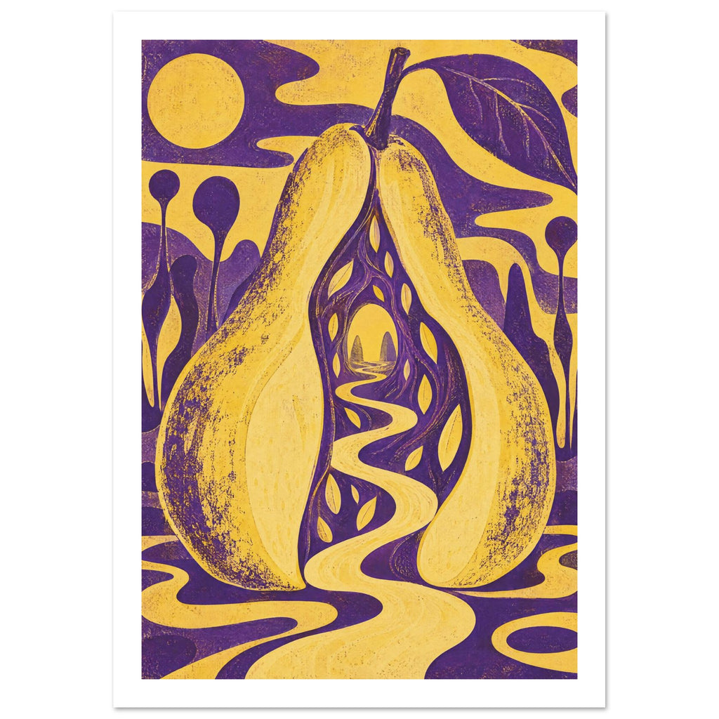 Yellow pear split around a winding path through a purple tunnel, with a large leaf and flowing yellow and purple shapes.
