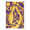 Yellow pear split around a winding path through a purple tunnel, with a large leaf and flowing yellow and purple shapes.