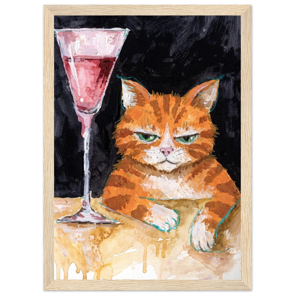 Ginger cat with green eyes resting its white paws on a golden table beside a tall glass of pink liquid, on black.