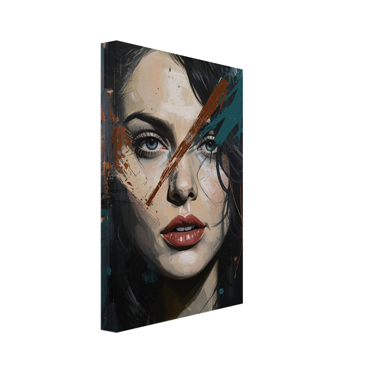 Woman with dark hair, blue-grey eyes and red lips, overlaid with diagonal teal and rust-coloured strokes and splashes.