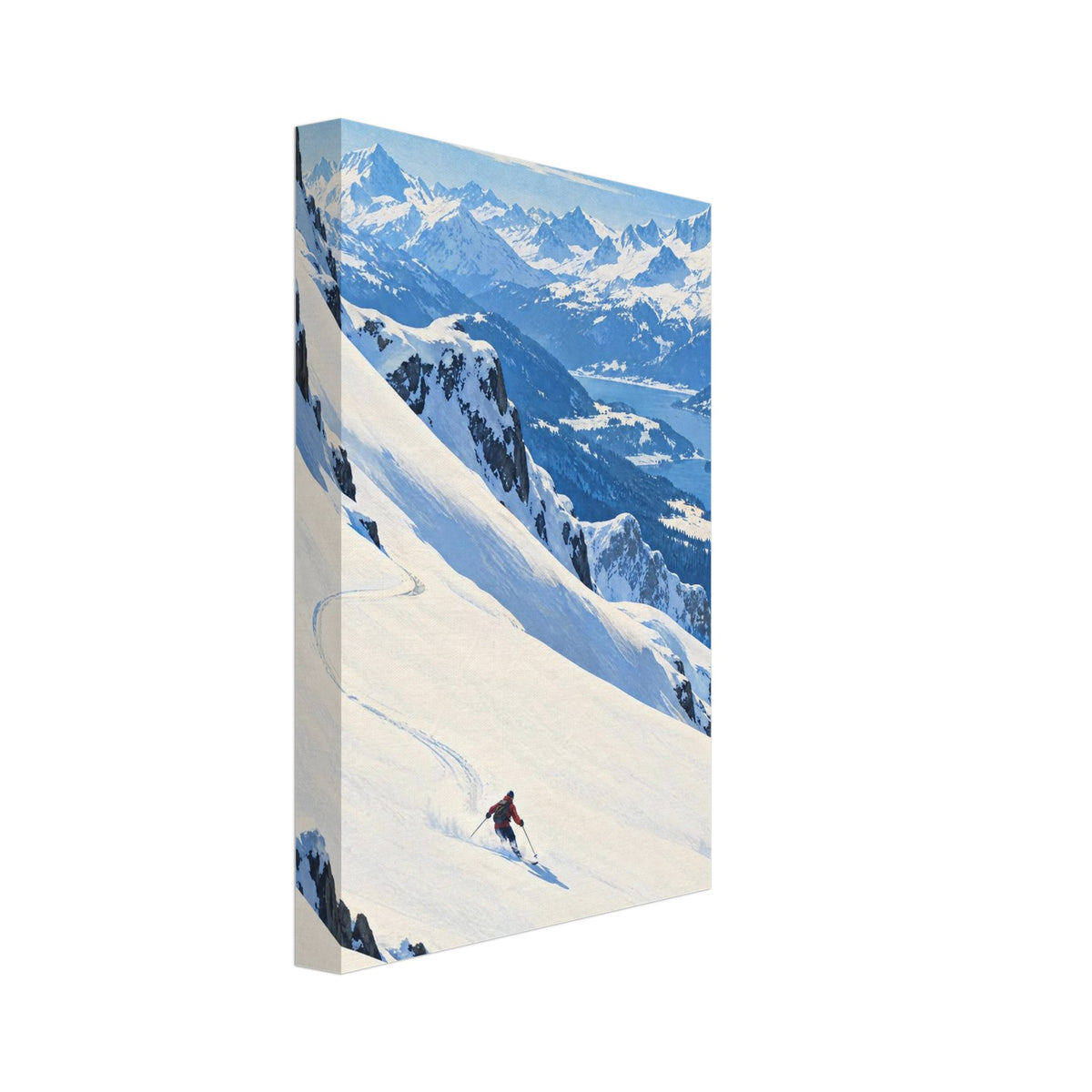 Lone skier carving tracks down a snowy slope above a blue lake, forested valleys and distant snow-covered mountains.