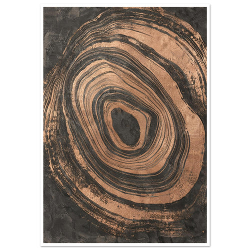 Irregular copper-toned concentric rings with distressed edges surrounding a dark centre on a textured charcoal background.