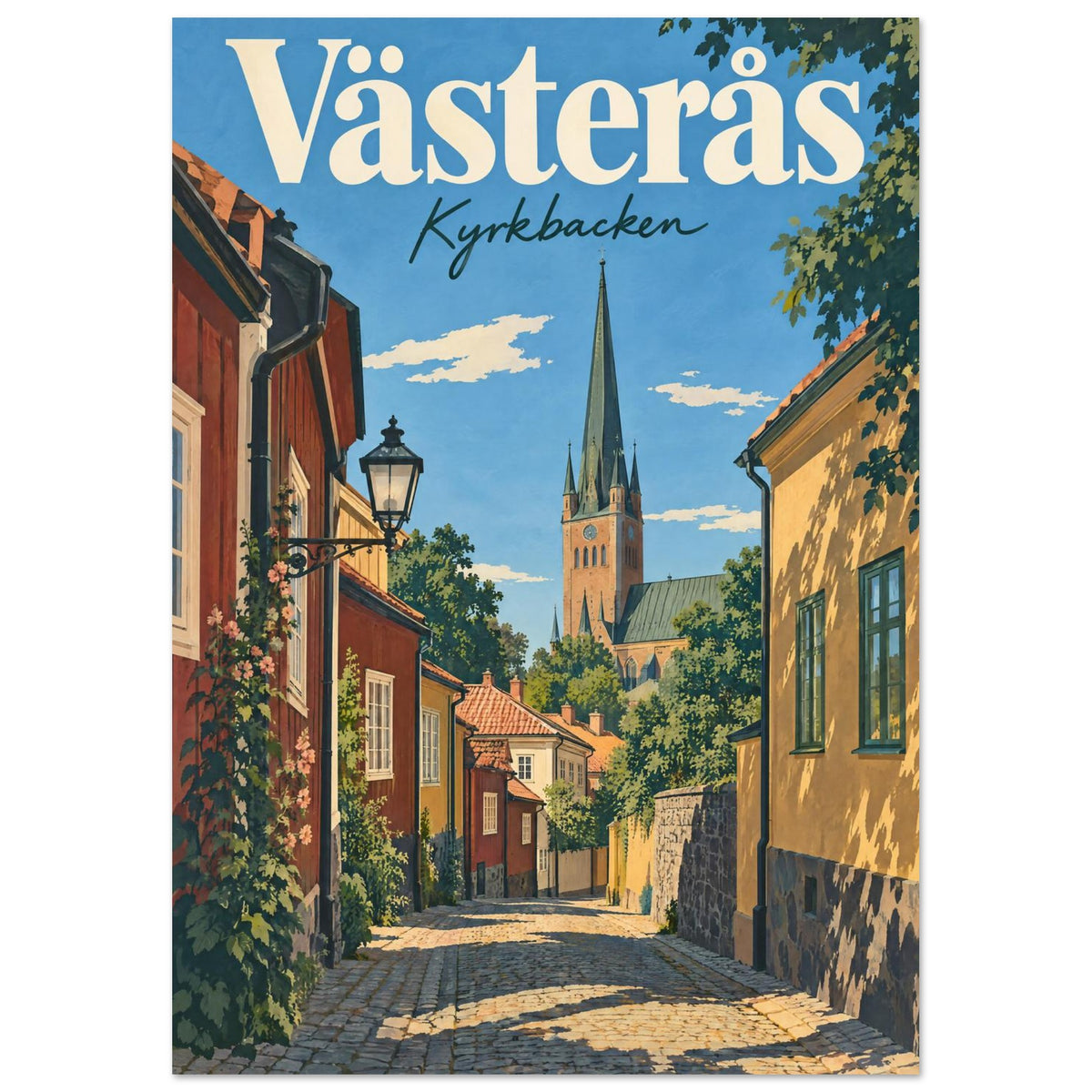 Västerås med en kullerstensgränd i Kyrkbacken, låga trähus, långa skuggor och domkyrkans spira.
