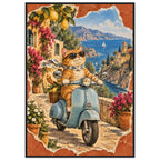 Orange cat in sunglasses and a scarf on a blue scooter, with lemons, flowers, coastal buildings and sailboats behind.