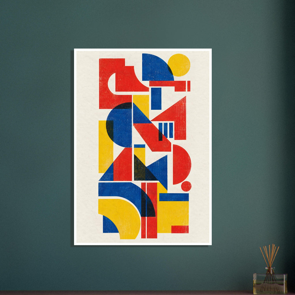 Red, blue and yellow geometric shapes stacked vertically on a cream background with distressed texture and dark overlaps.