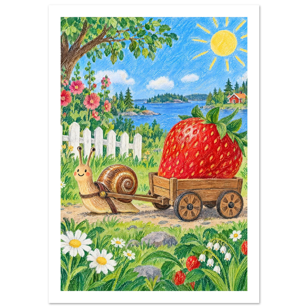 Snail And Strawberry Nursery Art Print – White Border