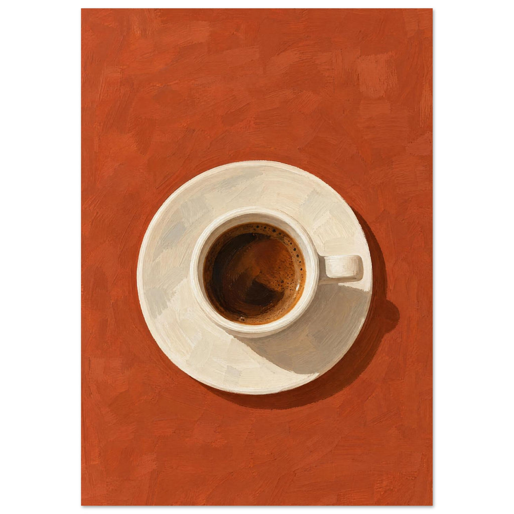 Espresso in a cream cup and saucer, viewed from above on a textured terracotta background with a dark cast shadow.