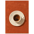 Espresso in a cream cup and saucer, viewed from above on a textured terracotta background with a dark cast shadow.