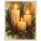 Watercolour painting of three lit advent candles with spruce sprigs and red berries