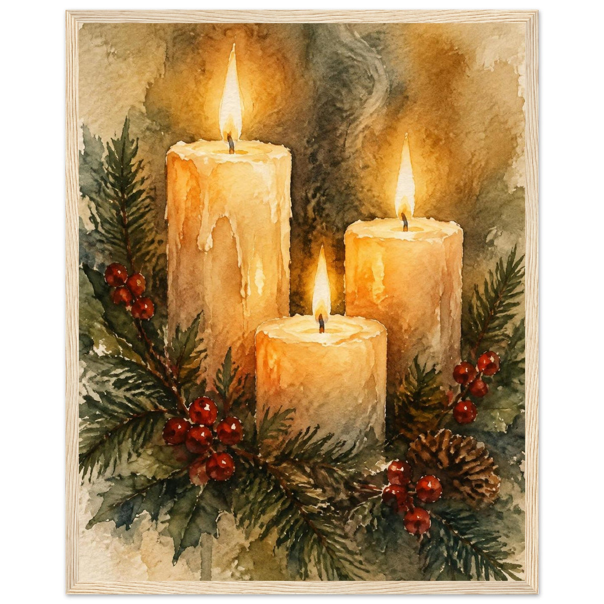 Watercolour painting of three lit advent candles with spruce sprigs and red berries