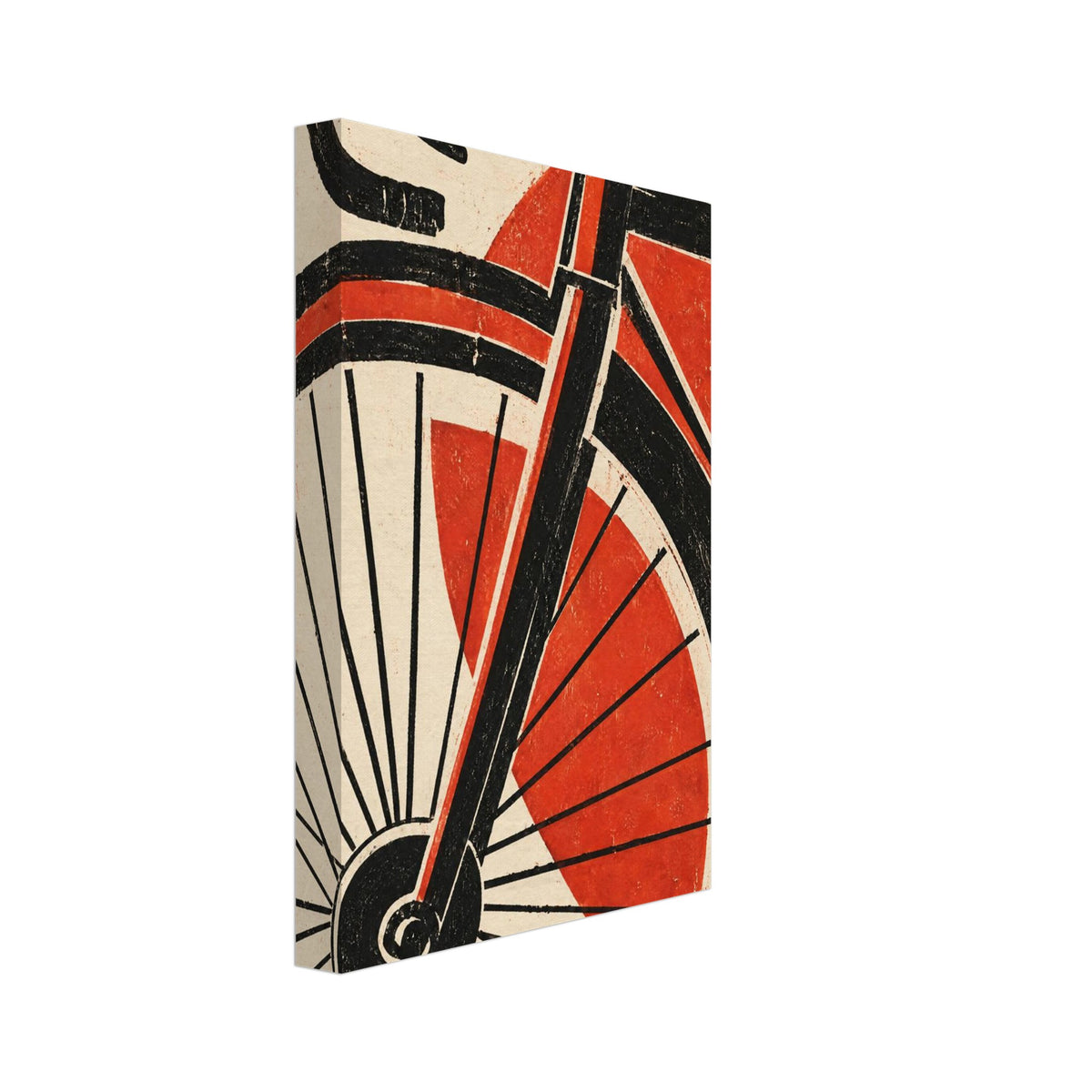 Bicycle front wheel, fork and drop handlebar in black against red geometric shapes and a distressed cream background.