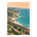 Train curving along coastal cliffs above turquoise sea, with sandy coves, green hills and sailboats beneath a peach sky.