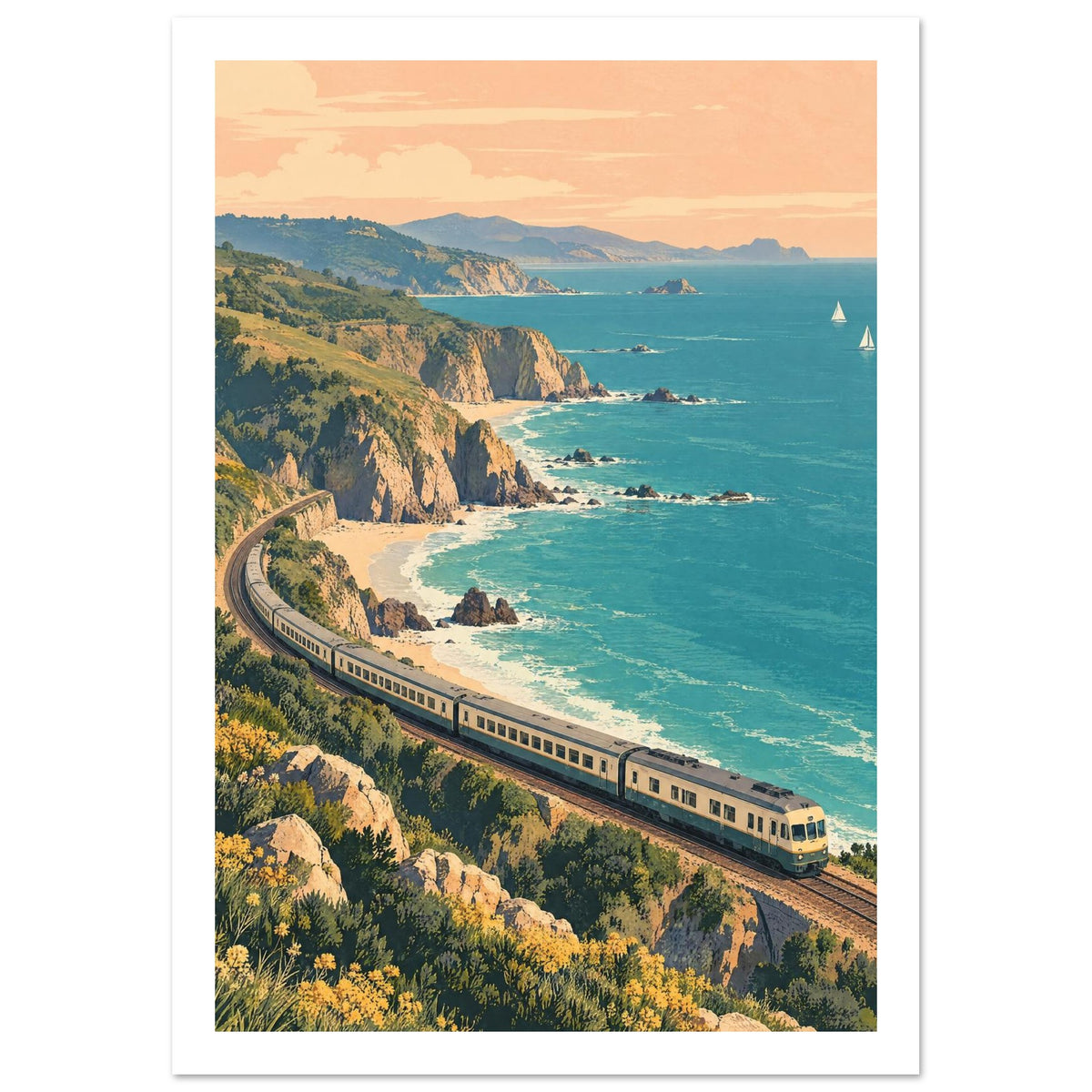 Train curving along coastal cliffs above turquoise sea, with sandy coves, green hills and sailboats beneath a peach sky.