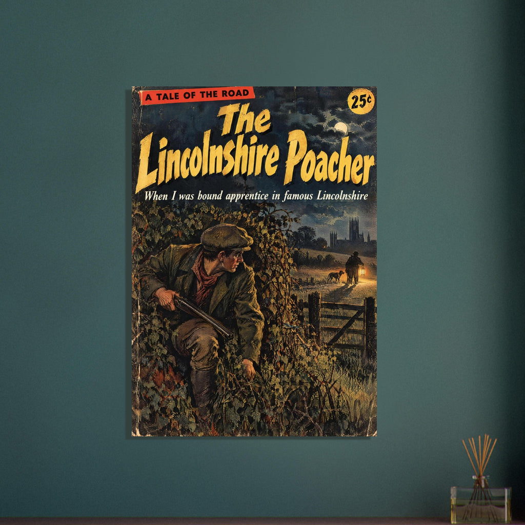 Crouching man holding a shotgun in foliage beneath yellow Lincolnshire Poacher lettering, with a lantern-lit path beyond.