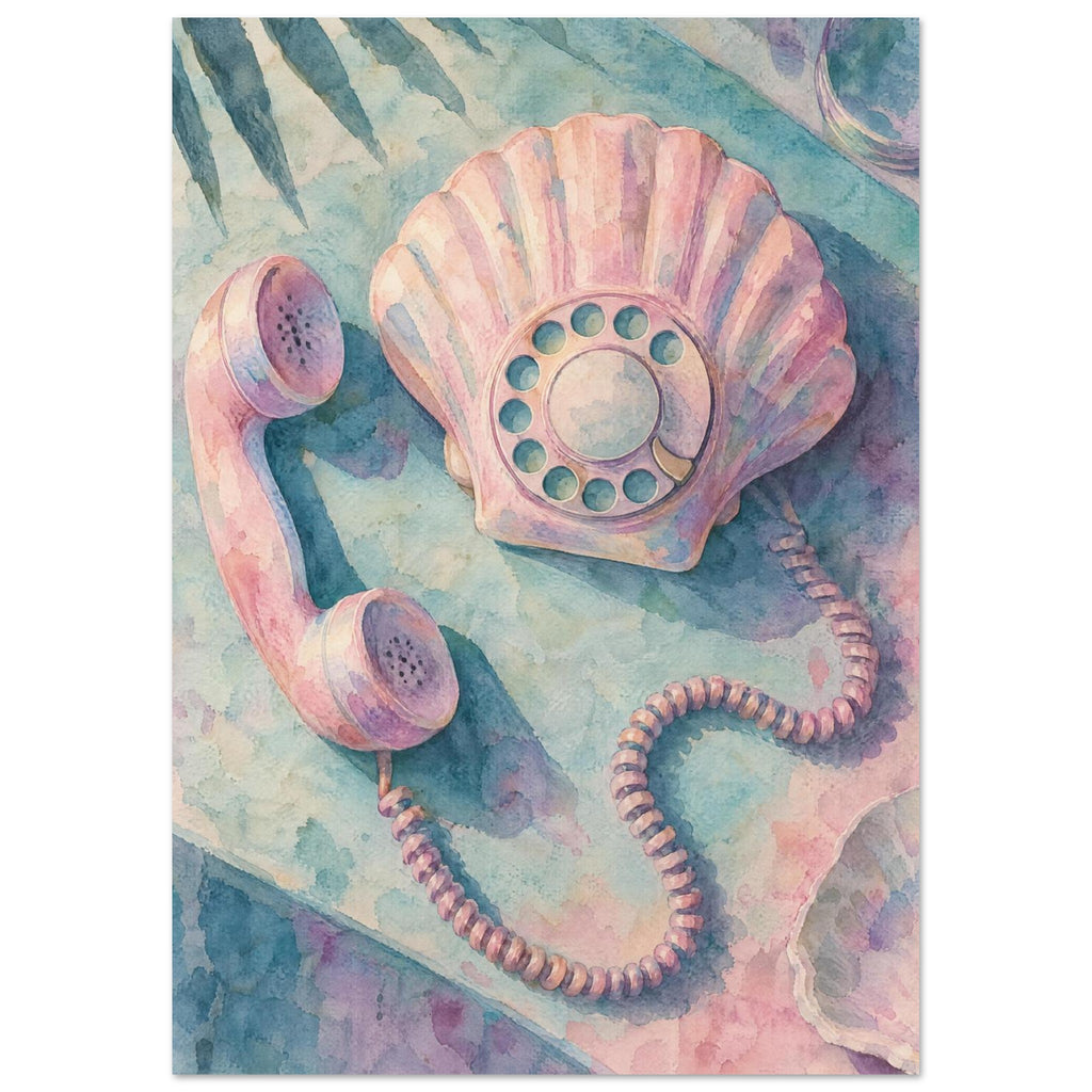 Pink Seashell Telephone Watercolour – illustration wall art print by Printavelle – close-up