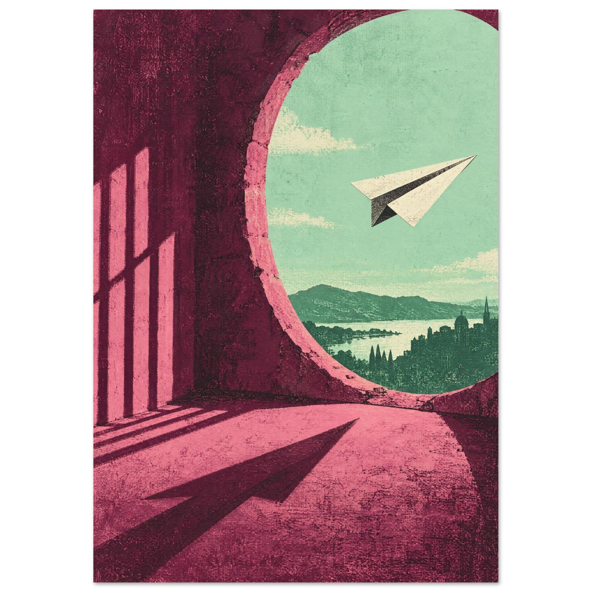 Paper plane floating in a circular opening above a distant skyline, with pink walls and a long plane-shaped shadow.
