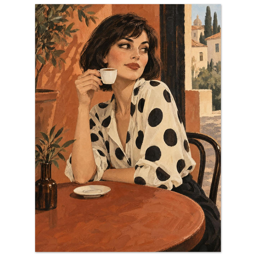 Polka Dot Espresso shows a bob-haired woman in a spotted ivory blouse lifting an espresso cup at a round café table.