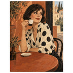 Polka Dot Espresso shows a bob-haired woman in a spotted ivory blouse lifting an espresso cup at a round café table.