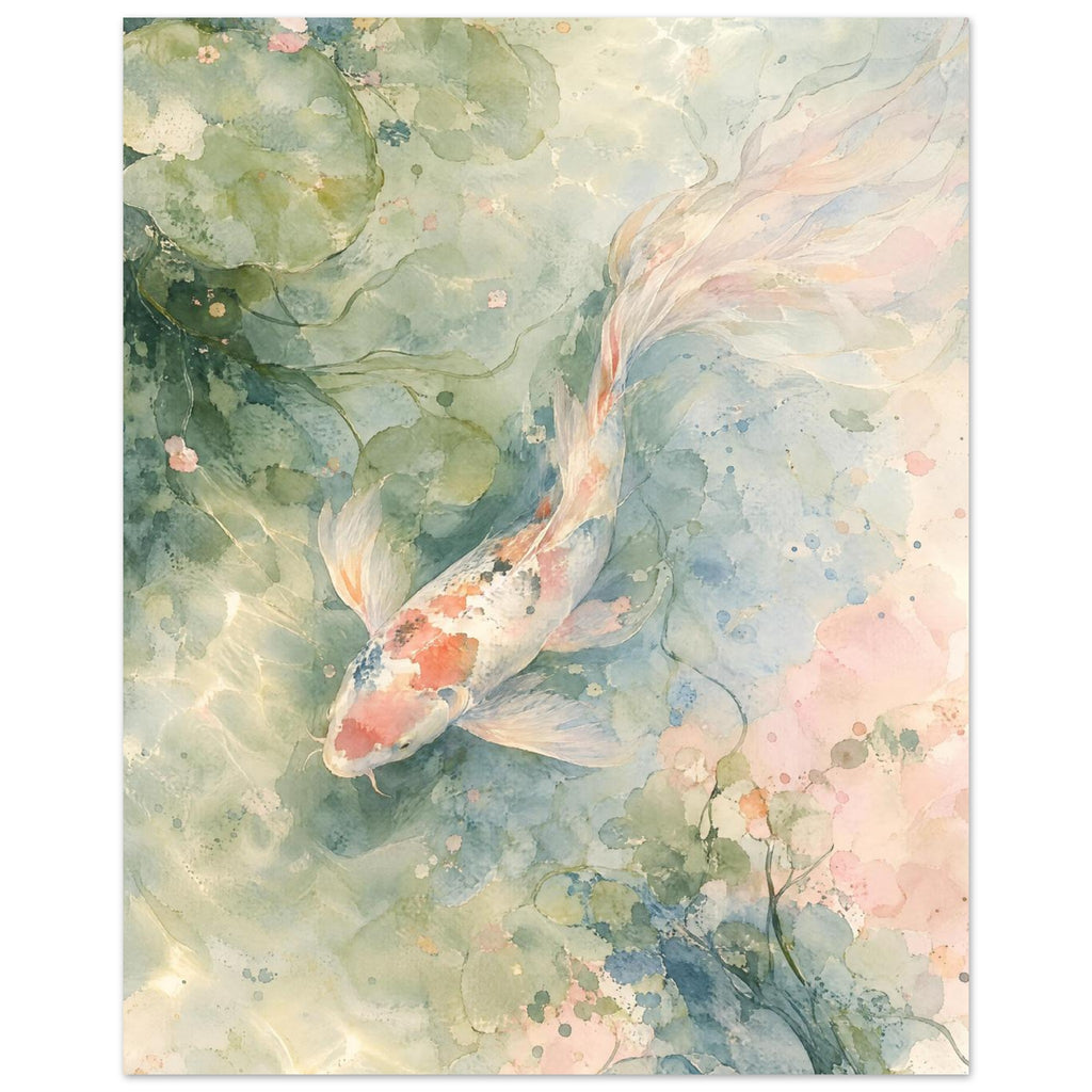 Long-finned koi with coral and dark markings swimming among lily pads in pale green, blue and blush watercolour washes.