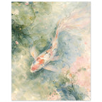 Long-finned koi with coral and dark markings swimming among lily pads in pale green, blue and blush watercolour washes.