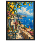 Lemon branches above a seaside terrace with a table, chairs and resting cat, overlooking sailboats and a coastal village.