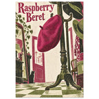 Raspberry beret on a dark hat stand above a chequered floor, with hats, a mirror, a cat and Raspberry Beret lettering.