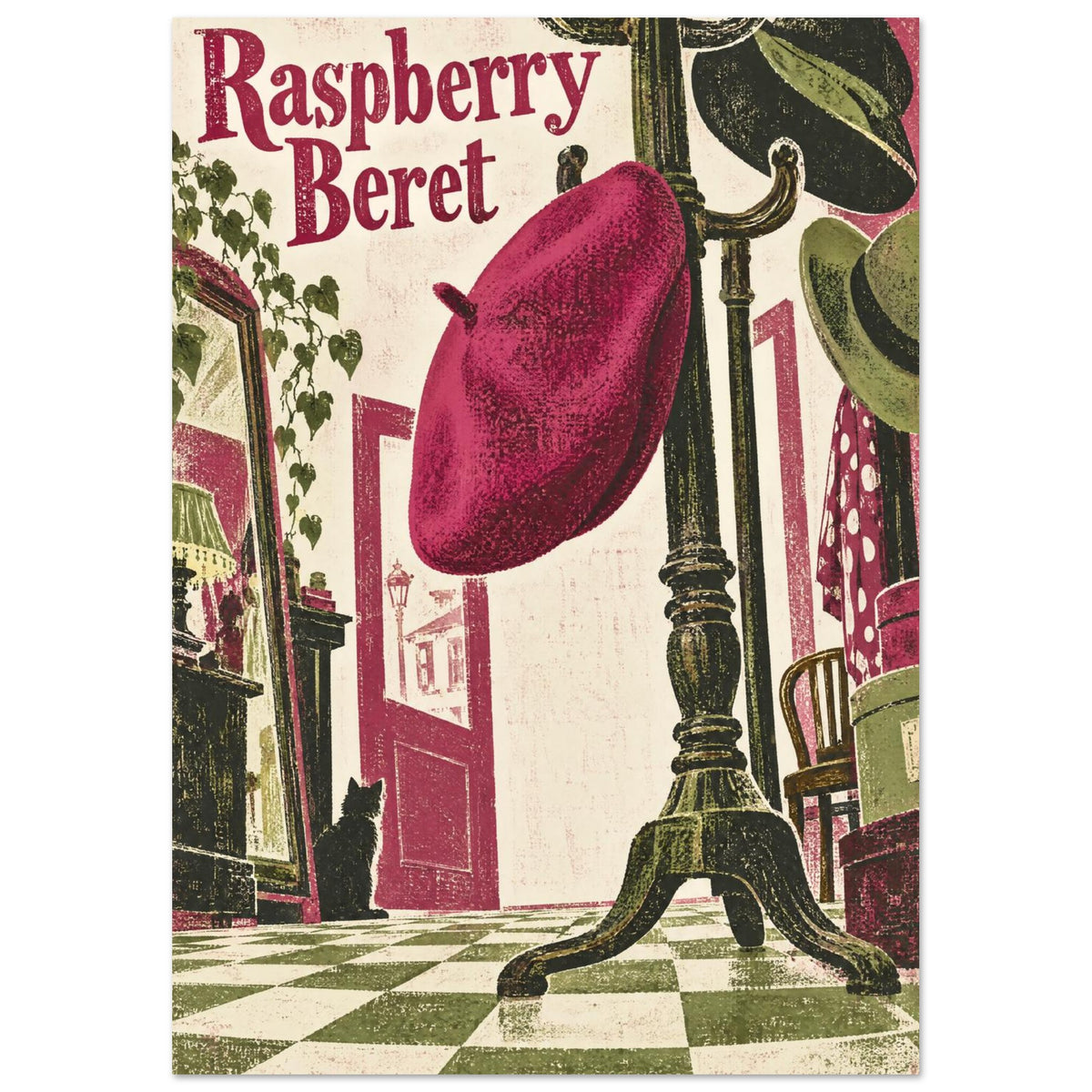 Raspberry beret on a dark hat stand above a chequered floor, with hats, a mirror, a cat and Raspberry Beret lettering.
