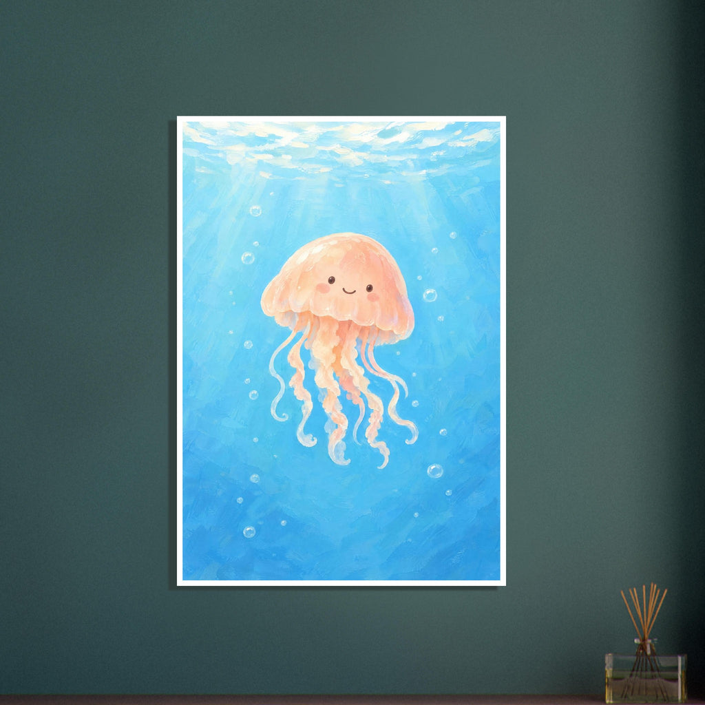 Smiling peach jellyfish with curling tentacles floating in blue water, surrounded by bubbles beneath a sunlit surface.
