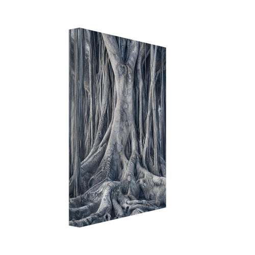 Banyan tree with intertwined trunks, hanging aerial roots and thick spreading roots in muted blue-grey tones.