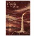 Ivory candle with a leaning flame beneath “Candle in the Wind” text, against a burgundy sky and sunset over water.
