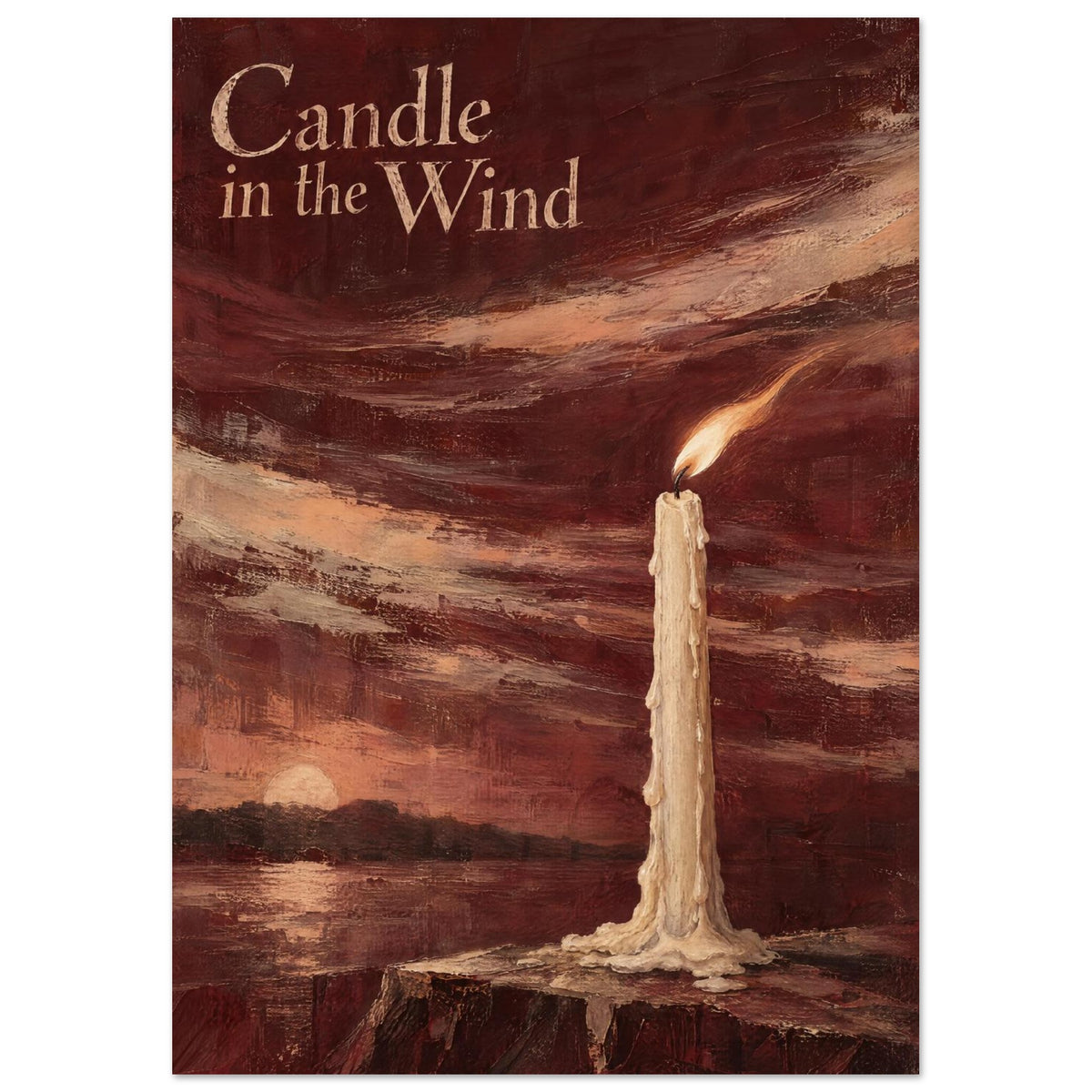 Ivory candle with a leaning flame beneath “Candle in the Wind” text, against a burgundy sky and sunset over water.