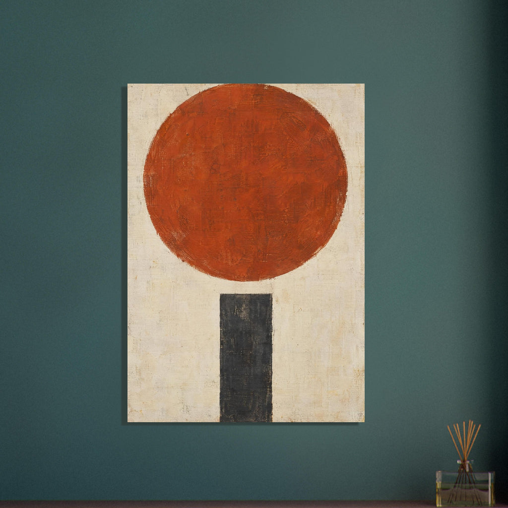 Large textured terracotta circle above a narrow charcoal rectangle on a distressed cream background.
