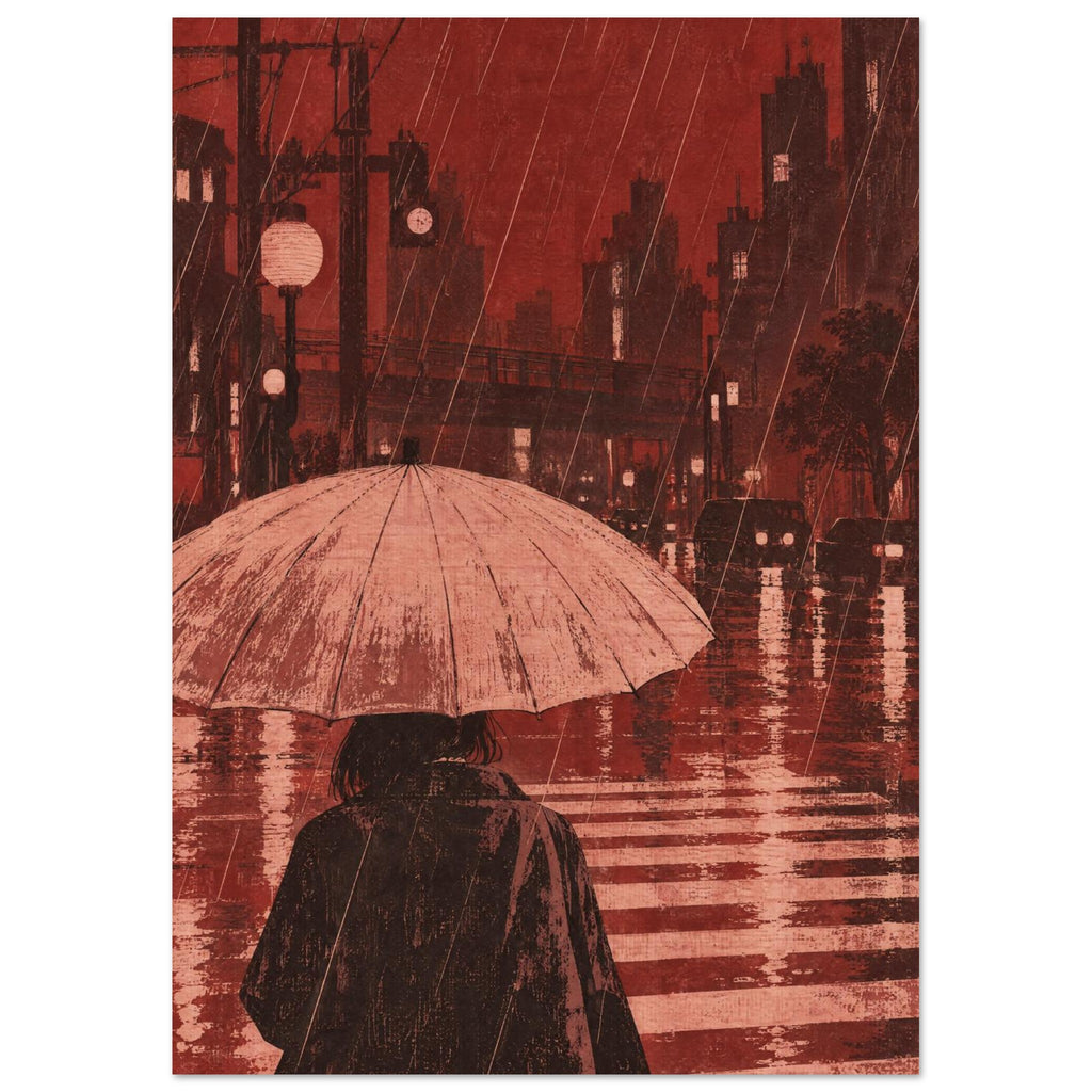 Figure beneath a pale umbrella at a rainy city crossing, with red buildings, cars and lights reflected on the street.
