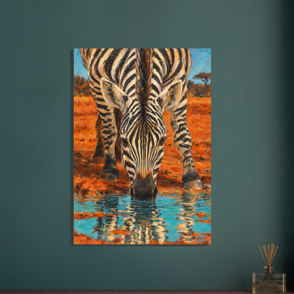 Zebra bending to drink from turquoise water, with its striped reflection below and orange earth behind.