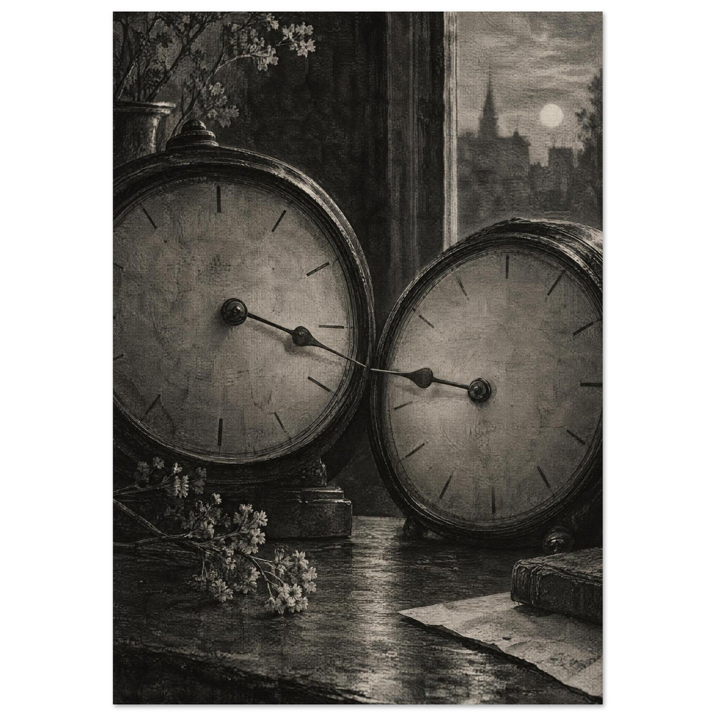 Two antique clocks on a wooden table with flowering branches, paper and a window overlooking silhouetted buildings.