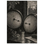 Two antique clocks on a wooden table with flowering branches, paper and a window overlooking silhouetted buildings.