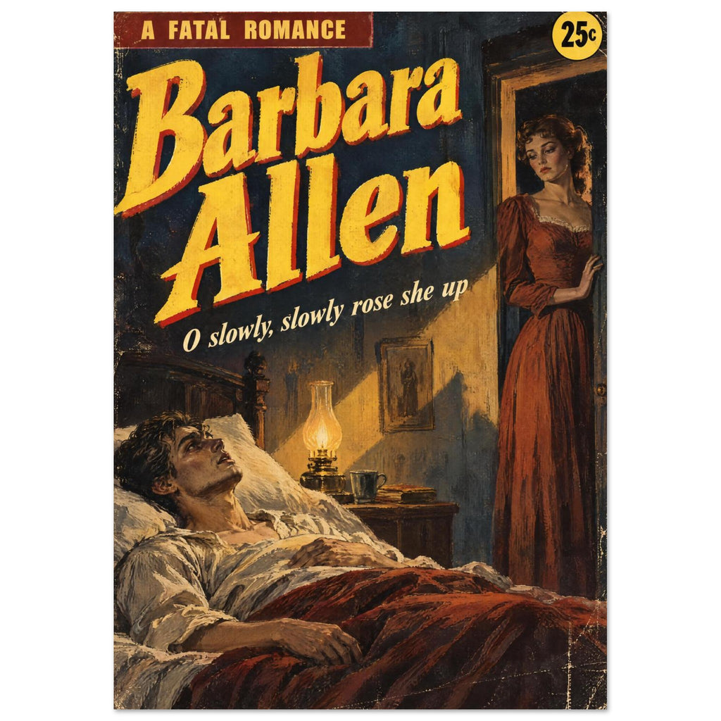 Barbara Allen cover with yellow lettering, a woman in a red dress and a man lying in bed beside a glowing lamp.