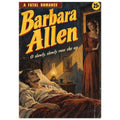 Barbara Allen cover with yellow lettering, a woman in a red dress and a man lying in bed beside a glowing lamp.