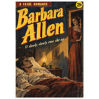 Barbara Allen cover with yellow lettering, a woman in a red dress and a man lying in bed beside a glowing lamp.